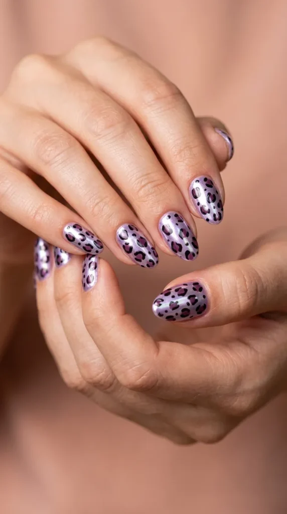 Lilac Leopard Chrome Nails