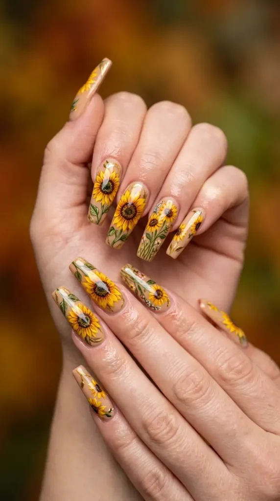 Long Coffin Sunflower Nail Ideas
