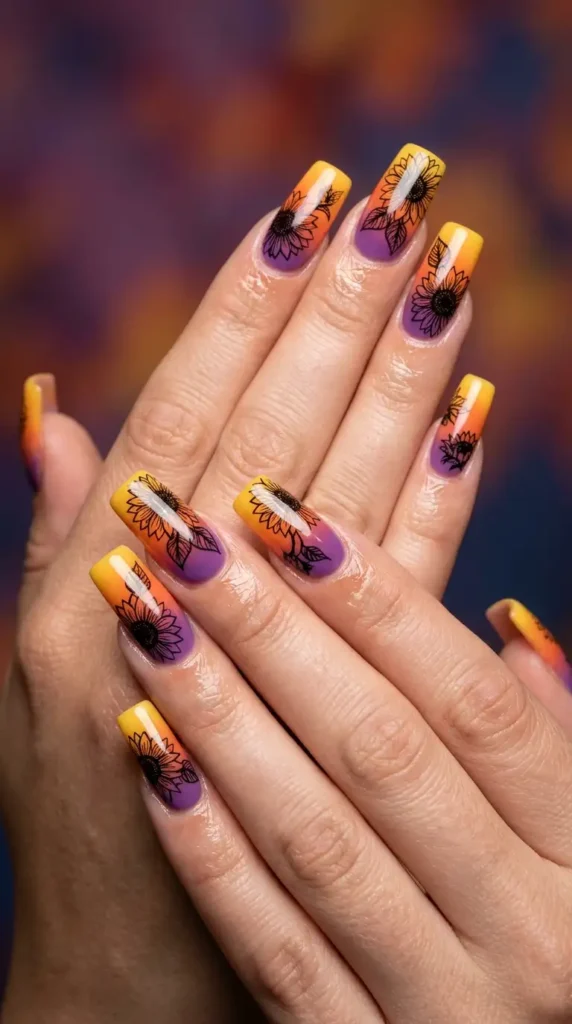 Long Square Acrylic Nails with Sunset Gradient