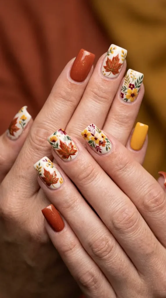 Maple Leaf and Floral Combination Nails