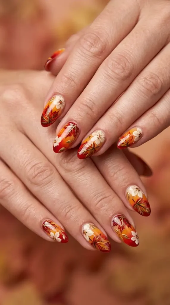 Maple Leaf and Floral Combo Nails