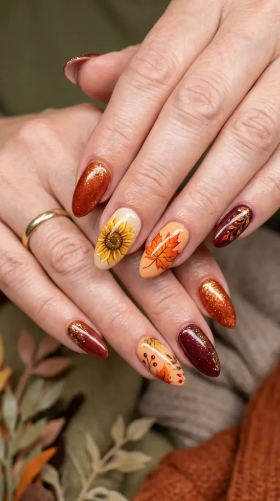 Maple Leaf and Sunflower Acrylic Nail Combo
