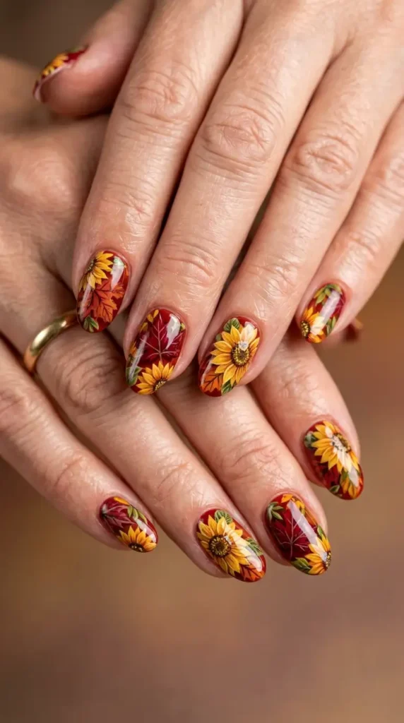 Maple Leaf and Sunflower Nail Art