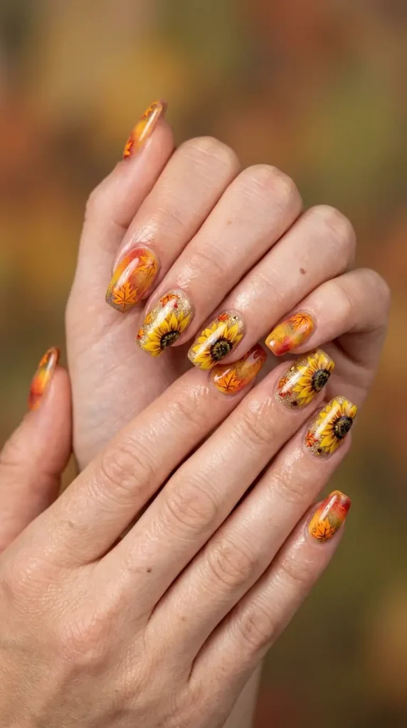 Maple Leaf & Sunflower Nails