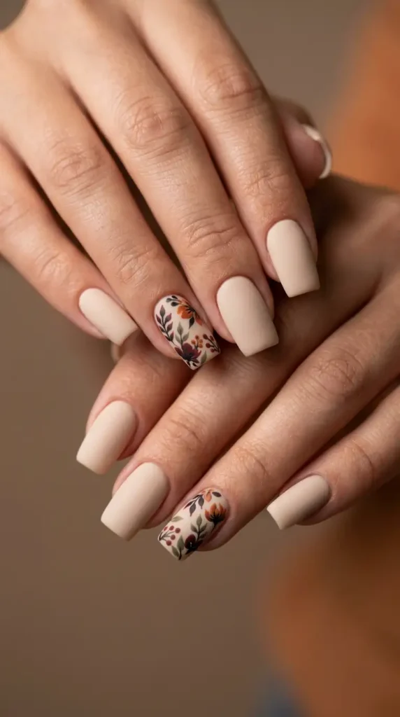 Matte Almond Beige Floral Nails
