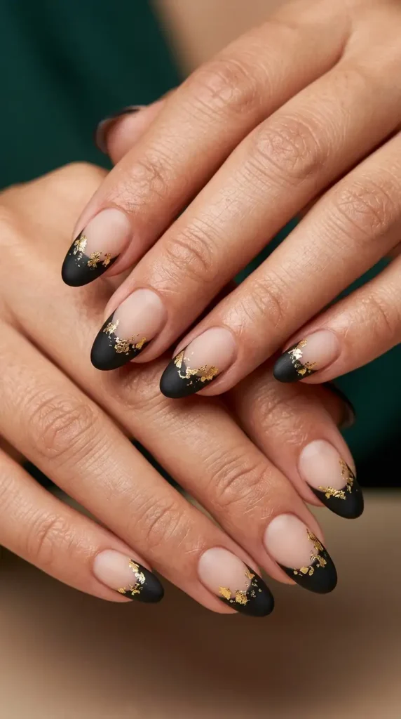 Matte Black French Tips with Gold Foil Accents