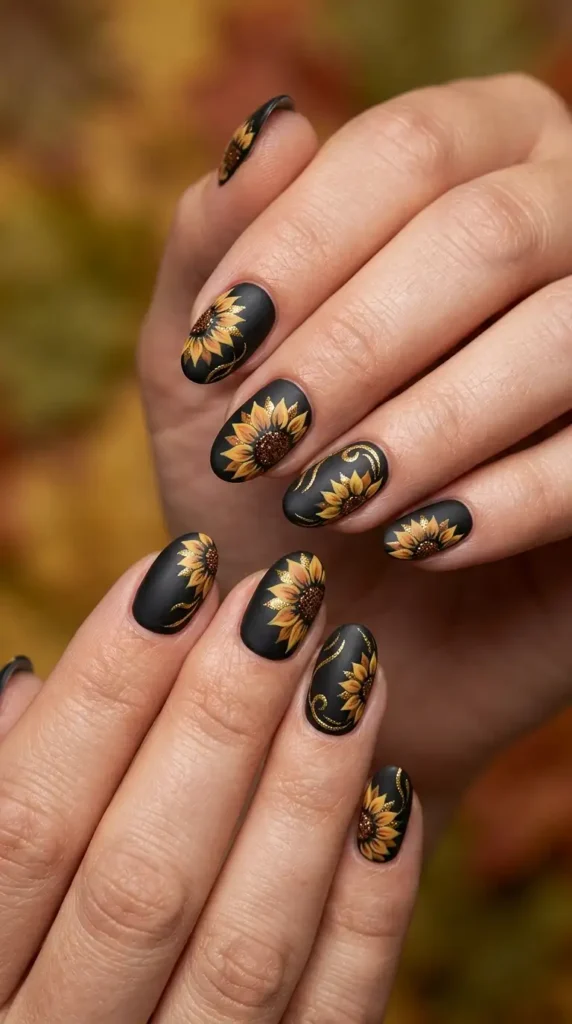 Matte Black & Gold Sunflower Nails