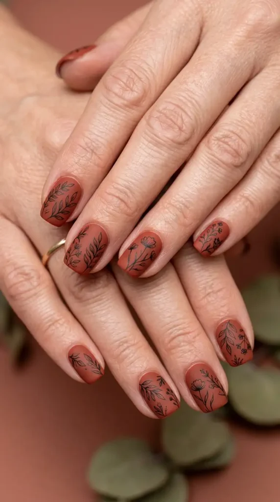 Matte Brick Red Nails with Botanical Sketches