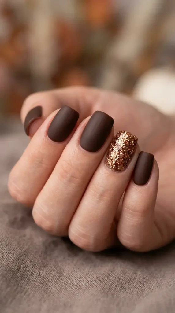 Matte Brown with Glitter Accent Nail