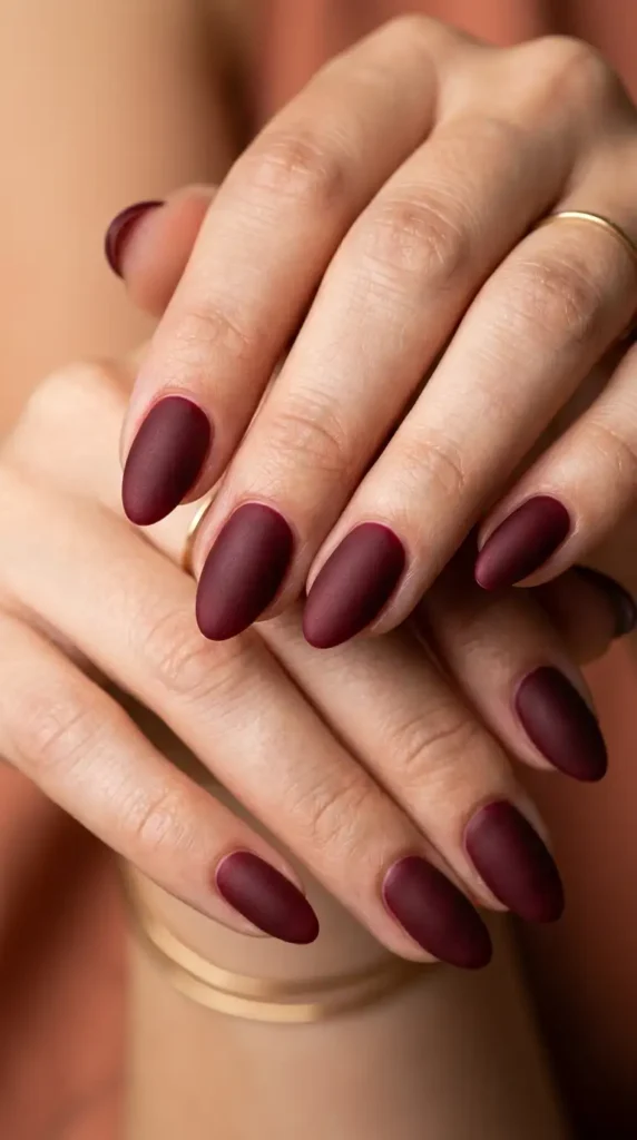 Matte Burgundy Almond Gel Nails
