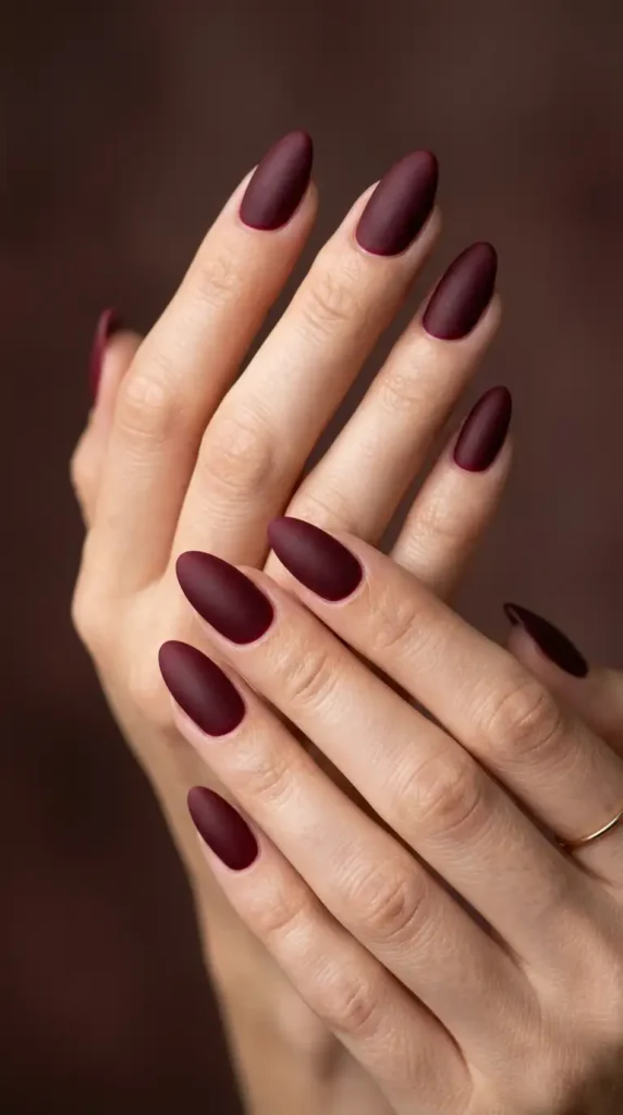 Matte Burgundy Almond Nails