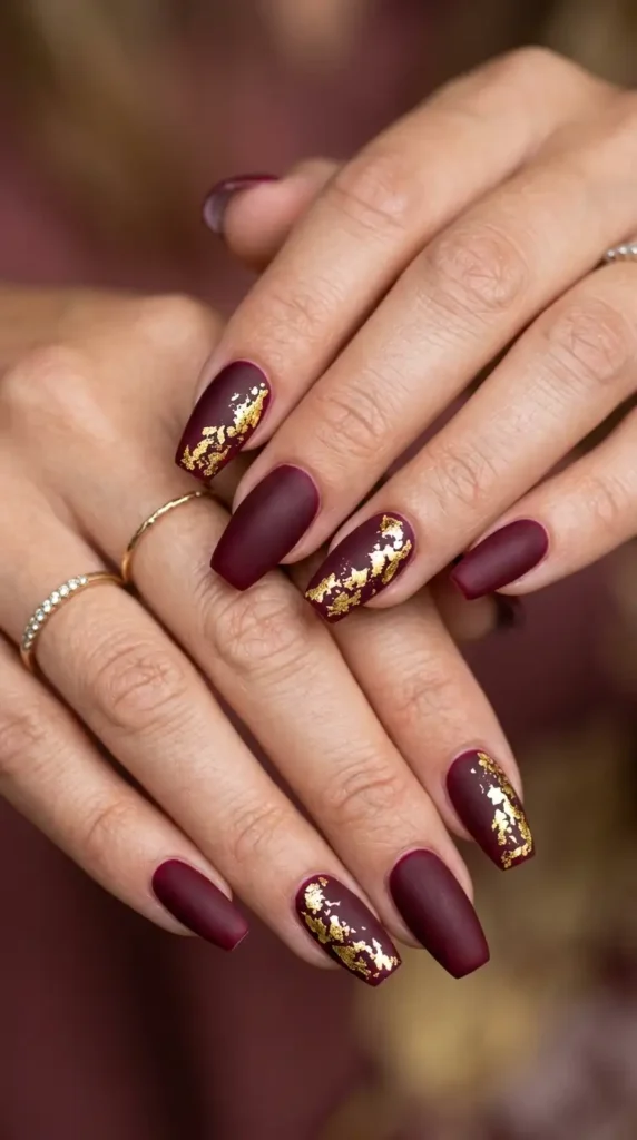 Matte Burgundy Coffin Nails with Gold Foil