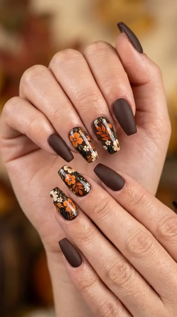 Matte Chocolate Floral Coffin Nails