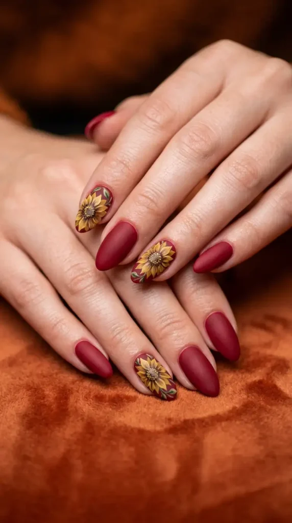 Matte Crimson with Hand-Painted Sunflowers