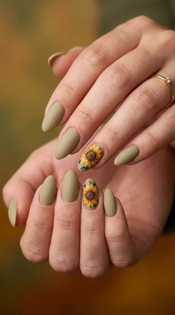 Matte Khaki Floral Nails