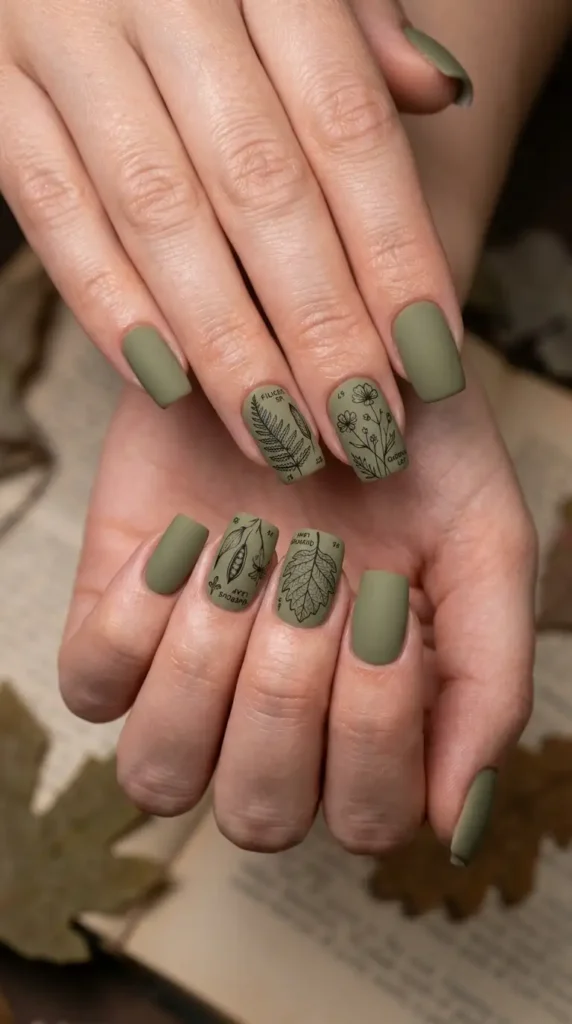 Matte Khaki Nails with Botanical Sketches