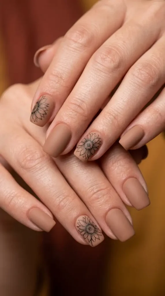 Matte Latte Acrylic Nails with Delicate Sunflower Sketches