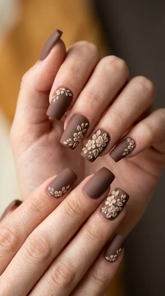 Matte Mocha Nails with Beige Floral Details