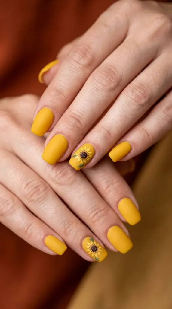 Matte Mustard Acrylic Nails with Minimal Sunflower
