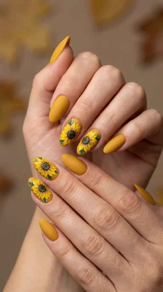 Matte Mustard & Sunflower Nail Art