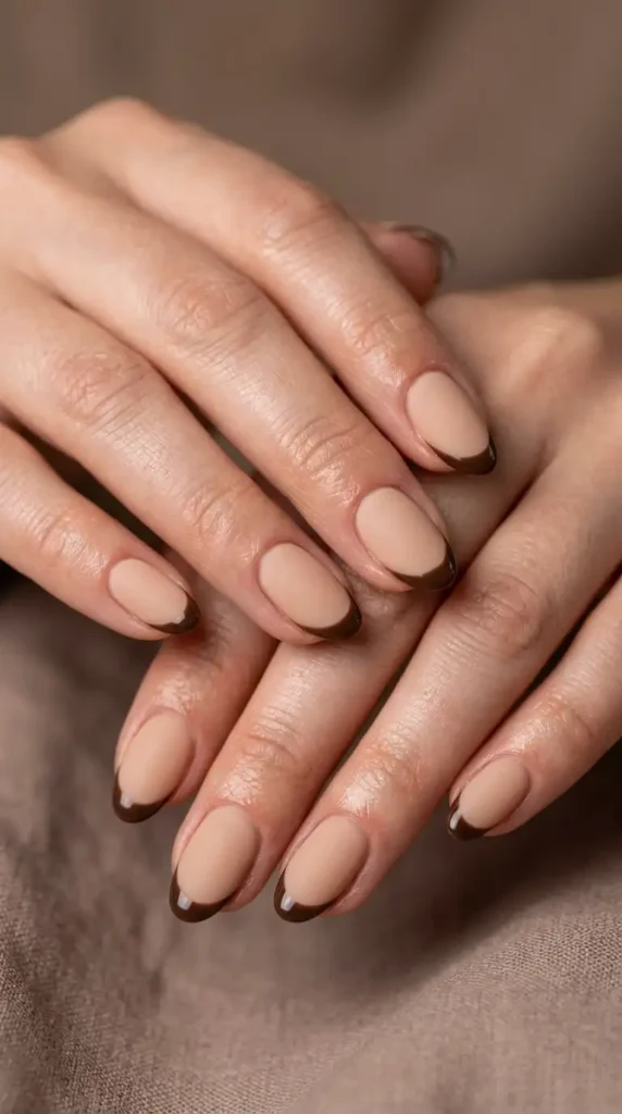 Matte Nude French Tips with Glossy Brown Tips