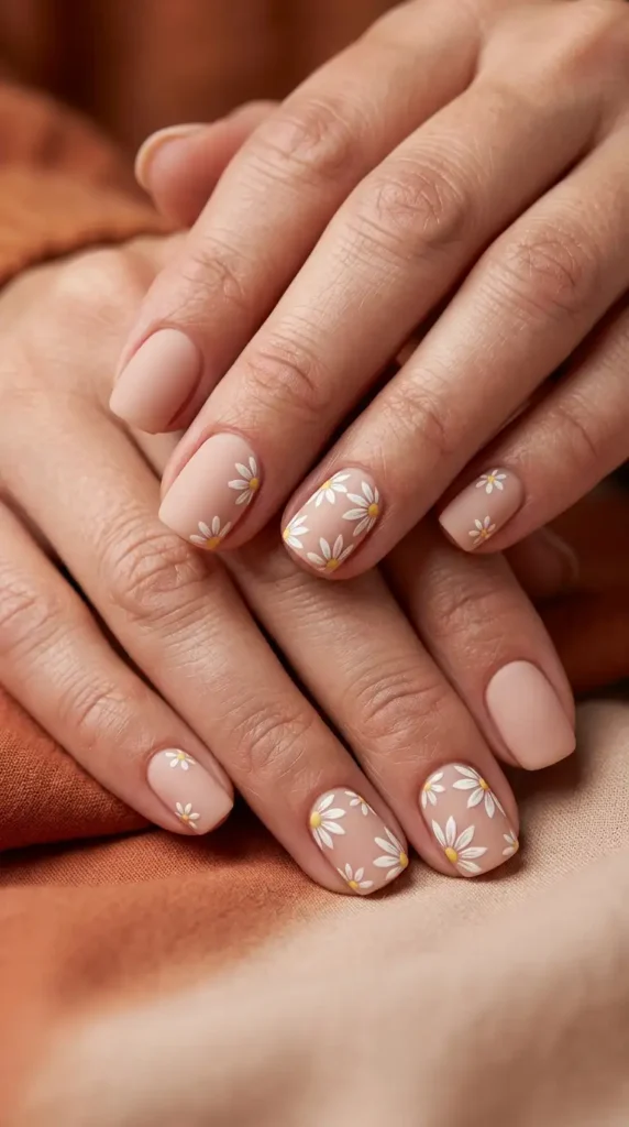 Matte Nude Nails with Hand-Painted Daisies