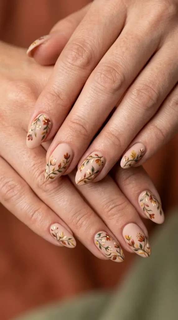 Matte Nude Nails with Tiny Floral Vines