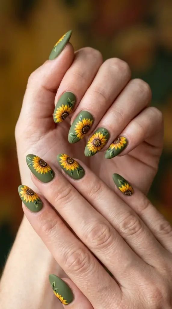 Matte Olive Green Acrylic Nails with Hand-Painted Sunflowers