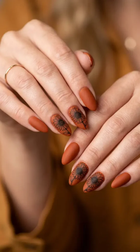 Matte Rust Acrylic Nails with Black Sunflower Outline