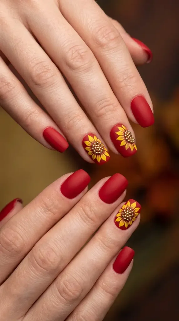Matte Scarlet Nails with Gold Stud Sunflowers