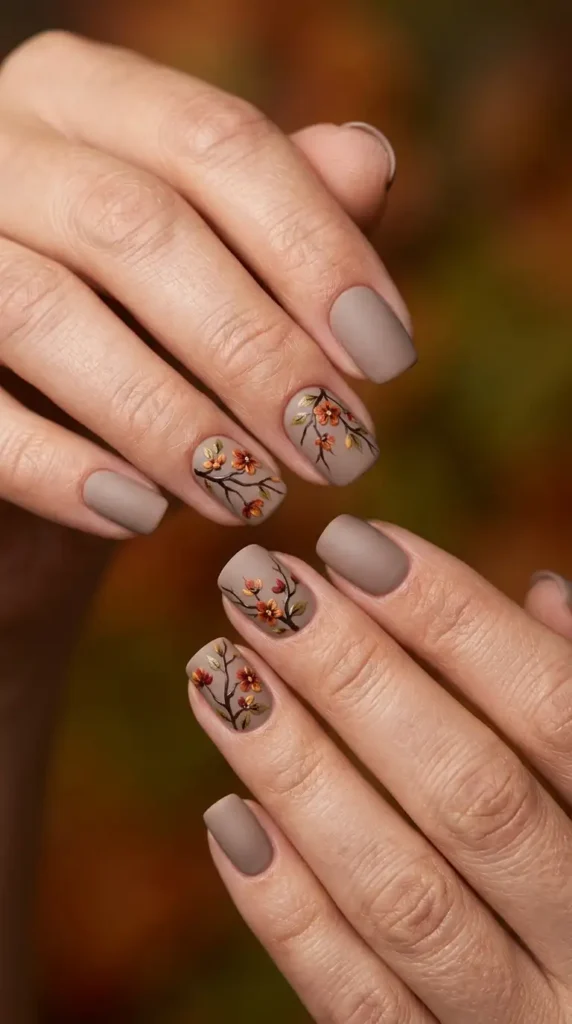 Matte Taupe Nails with Autumn Blossom Branches