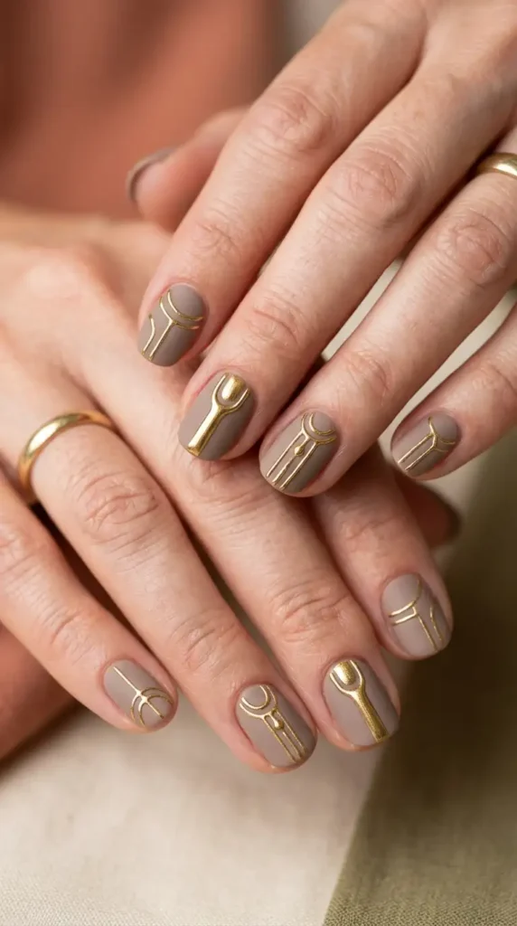 Matte Taupe Nails with Gold Lines