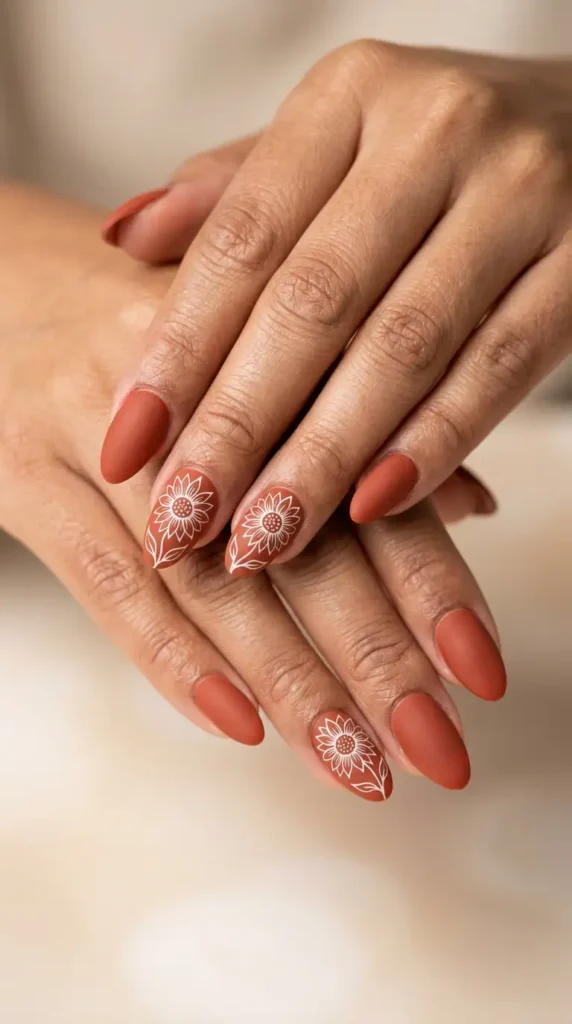 Matte Terracotta Acrylic Nails with Floral Line Art