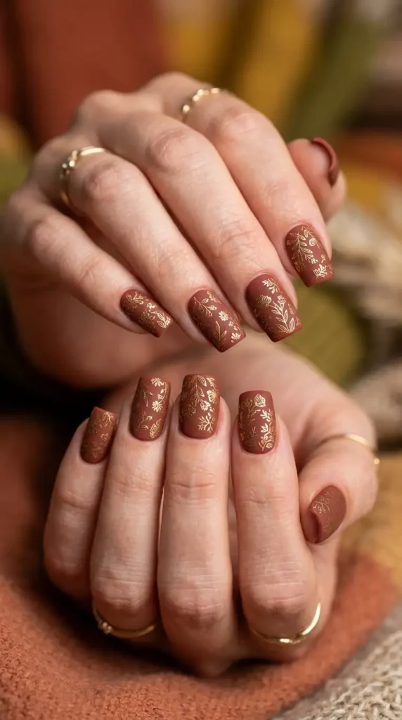 Matte Terracotta Nails with Floral Stamps