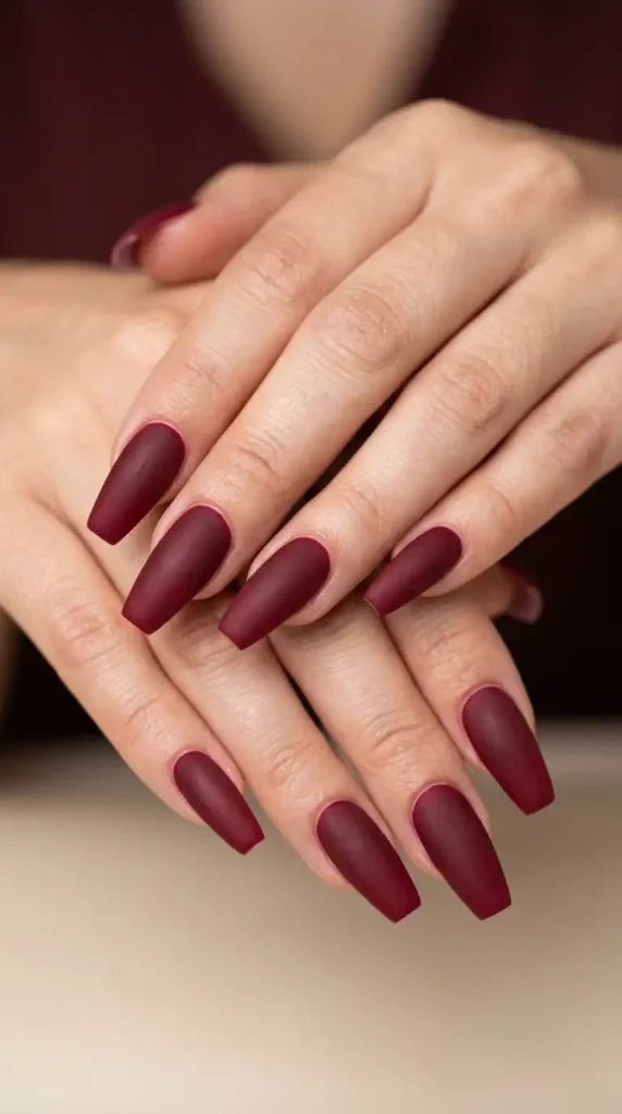 Matte Wine Red Coffin Nails
