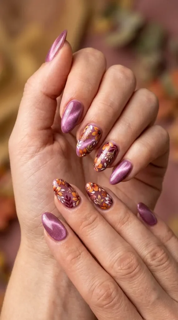 Mauve Cat Eye Floral Nails