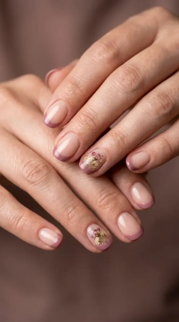 Mauve French Tips with Tiny Floral Accent
