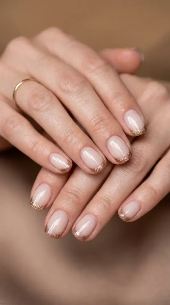 Milky Nude French Tips with Bronze Glitter Edge