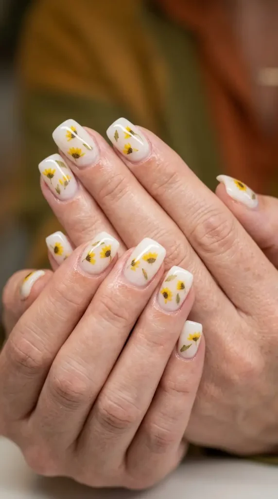 Milky White Acrylic Nails with Pressed Flower Effect
