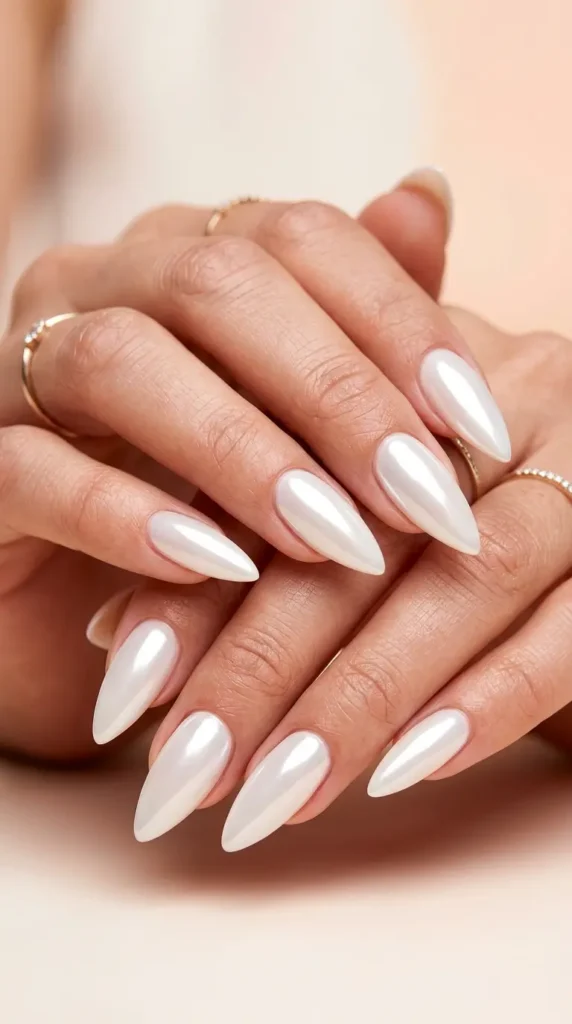 Milky White Chrome Stiletto Nails