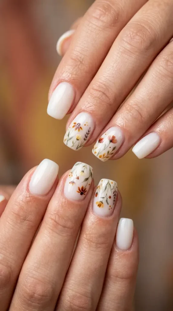 Milky White Nails with Delicate Wildflower Art