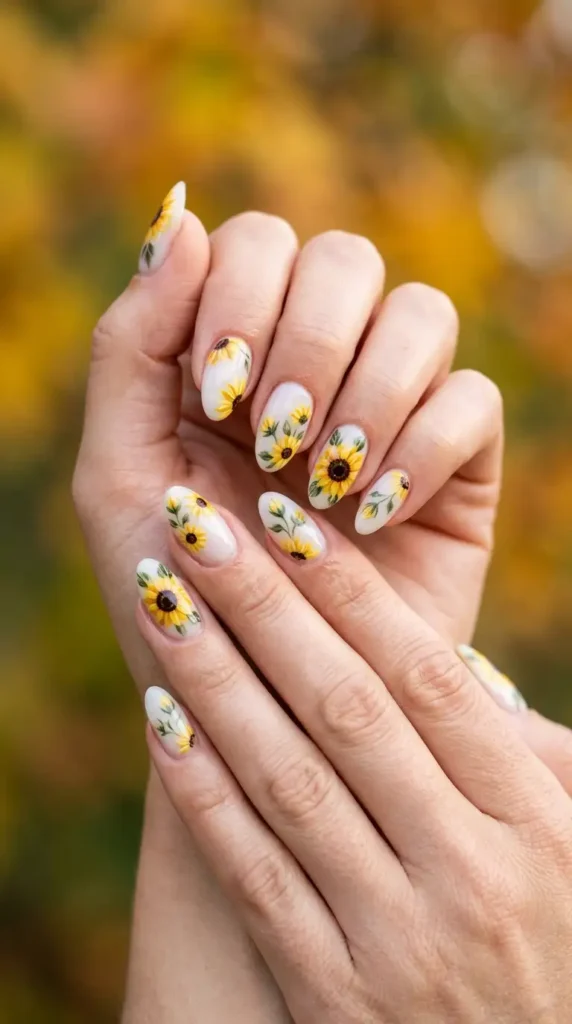 Milky White Sunflower Nails
