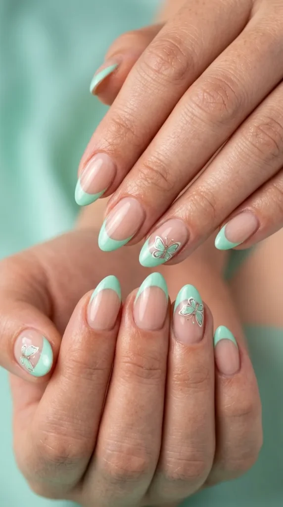Mint Butterfly French Nails