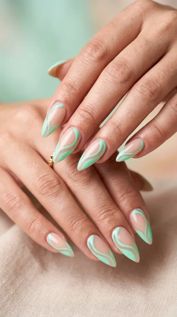 Mint Green Swirl Stiletto Nails