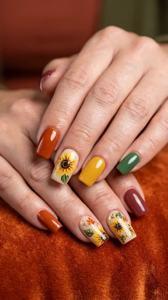 Mixed Autumn Palette Acrylic Nails with Sunflowers and Leaves