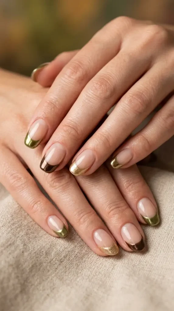 Mixed Chrome French Tips in Brown, Gold & Olive