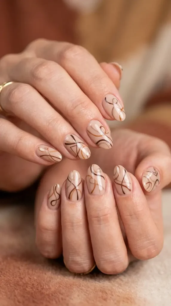 Mocha Abstract Line Art Nails