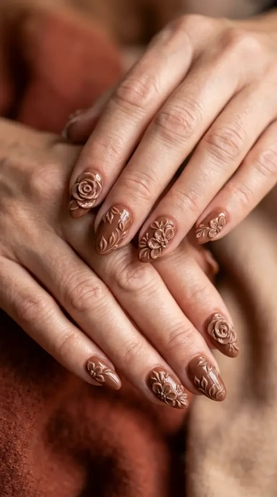 Mocha Bloom 3D Gel Nails