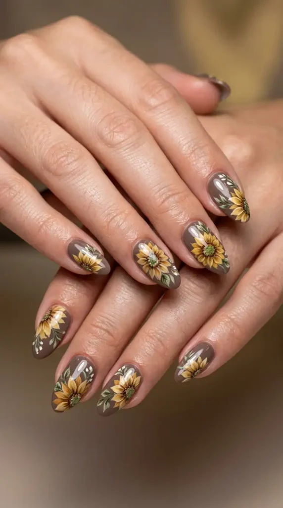 Mocha Brown Floral Nails