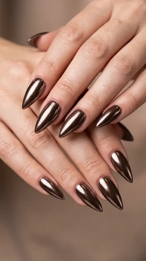Mocha Chrome Stiletto Nails